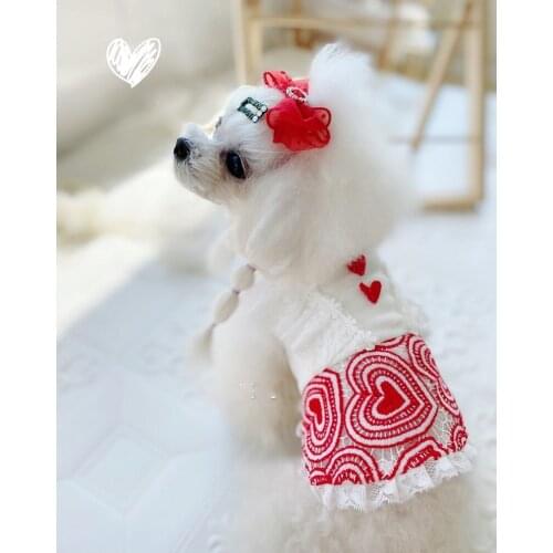 Free Shipping Handmade Dog Clothes 100%Cotton Lace Shirt Dress Princess Red Heart Pet Cat Outfit Yorkie Poodle Maltese