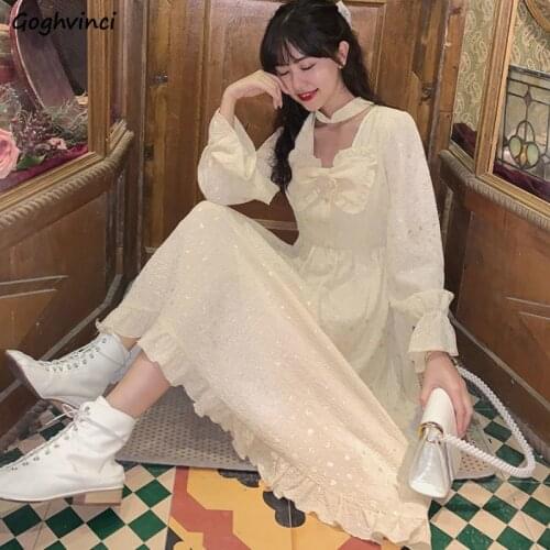 Dresses Women Solid Butterfly Sleeve Ankle-length Square Collar Bow Ruffles Button French Sweet Style Elegant Lady Lovely Retro