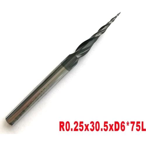 R0.25/R0.5/R0.75/R1/R1.5/R2 D6x75L shank 6mm HRC55 Tungsten solid carbide Taper Ball Nose EndMill milling cutter cnc router bit