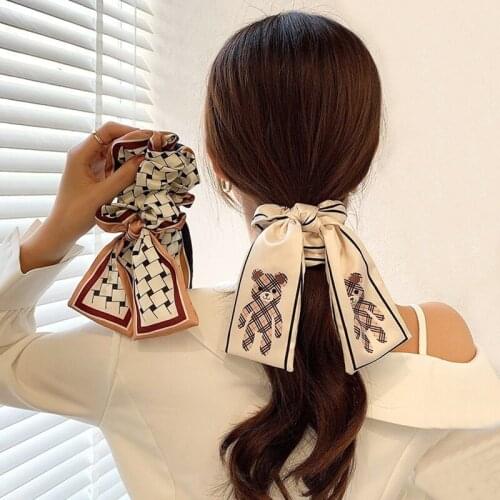 New Women Elegant Print Bear Plaid Bow Silk Scrunchie Sweet Hair Tie Headband Soft Elastic Hair Bands Fashion Hair Accessories