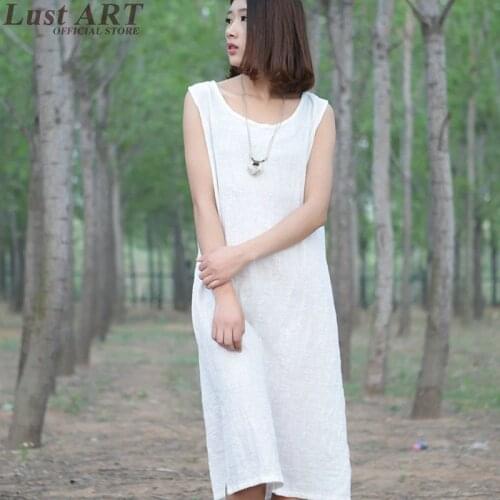Women traditional sexy flax linen dresses ladies elegant white linen dress new sexy sundress shirt linen dresses KK1104