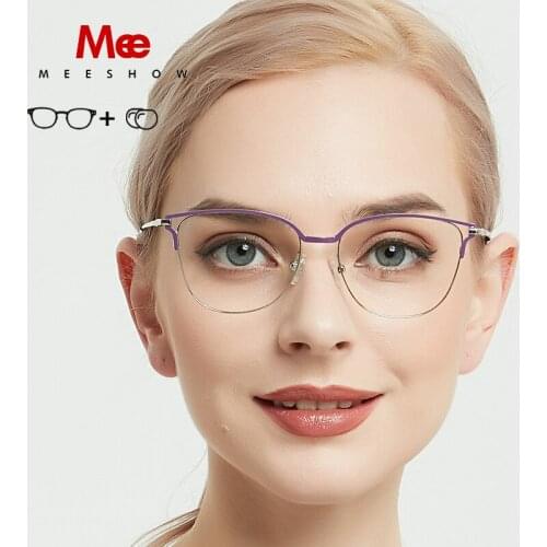 0Meeshow Titanium Alloy Ultralight Glasses Frame Womens Fashion Cat Eye Myopia Optical Frame Europe Prescription Eyeglasses 202