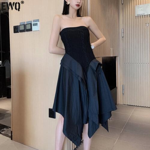 [EWQ] 2021 Tide Autumn New Irregular Ruffled Hem Knitted Stitching Design Skirt Korean Loose High Waist Ladies Bottom Clothing