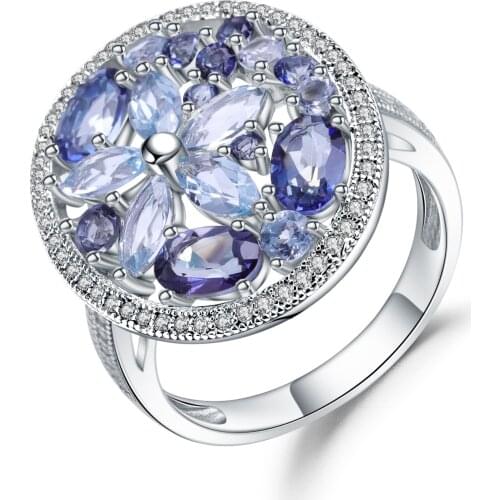 GEMS BALLET Round Natural Sky Blue Topaz Mystic Quartz Gemstone Cocktail Rings 925 Sterling Silver Rings Fine Jewelry For Women