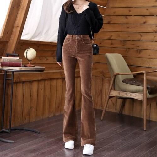 Women Casual Pants Retro Vintage Corduroy Autumn Winter High Waist Loose Slim Solid Korean All-match Long Flare Pants X405