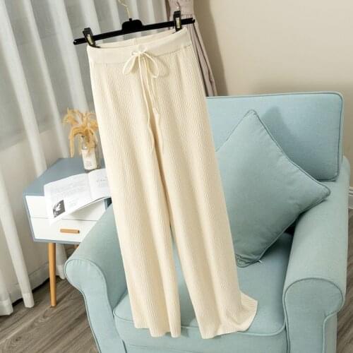 2021 Women Autumn Winter New Casual Straight Pants Female Drawstring Loose Pants Ladies Knitted Wide Leg Pants Trousers U530