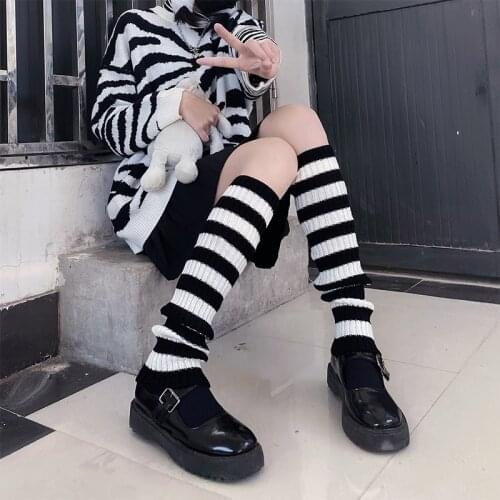 Goth Lolita Striped Knitted Leg Warmers Girls Over The Knee Stripe Color Matching Pile Socks Latin Ballet Dance Leg Protector
