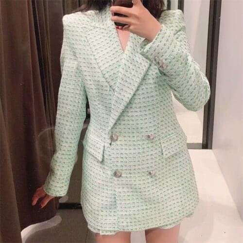 TRAF Women 2021 Fashion Double Breasted Tweed Check Blazer Coat Vintage Long Sleeve Flap Pockets Female Outerwear Streetwear