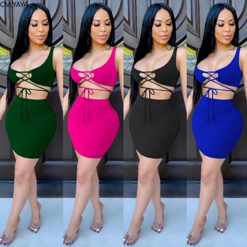CM.YAYA Solid Color Women Set Two Pieces Set Tracksuit Lace Up Crop Top Bodycon Midi Mini Skirts Suit Outfit Matching Set Dress
