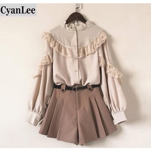 Cyanlee office ladies two piece set 2020 autumn korean sweet sets for women long sleeve ruffles patchwork blouse and shorts sets