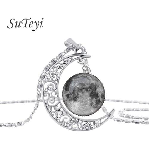 SUTEYI Fashion Planet Glass Cabochon Pendant Necklace Vintage Hollow Moon Necklaces For Women Jewelry