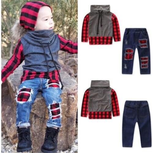 2020 Winter Toddler Kids Baby Boy Clothes Sets Plaid Turtleneck Cotton Tops + Hole Jeans Pants Outfits Clothes