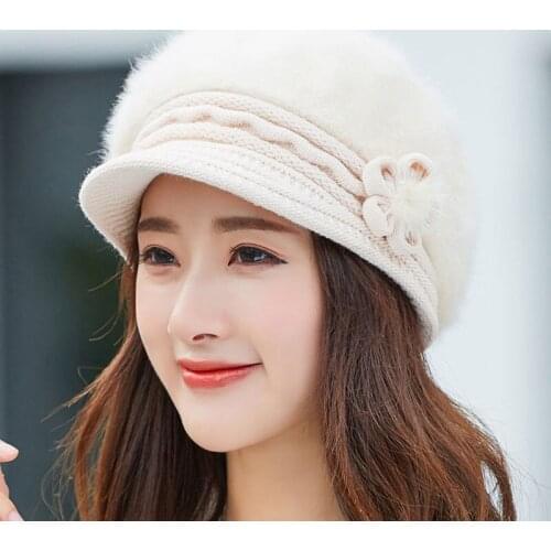 Winter Autumn warm Girl beret hat for women Wool knitted hat for mom Rabbit fur beret solid fashion lady cap fall hat Female cap