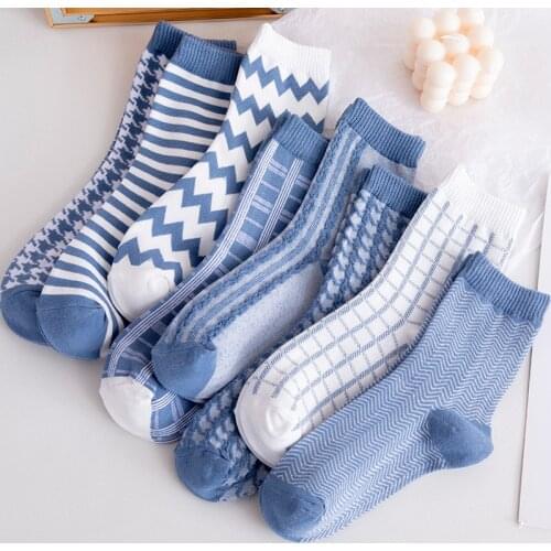 1 Pair Women Socks Cotton Soft and Breathable Socks for Ladies Jacquard Weave Blue Color Swallow Gird Stripe Wave Pattern