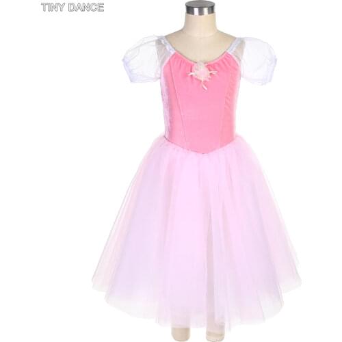 19844 Puff Sleeve Pale Pink Stretch Velvet Bodice with Attahced Long Tutu Romantic Tutu Skirt for Girls and Women Ballet Dancing