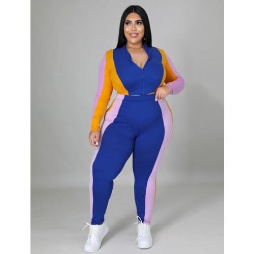 Adogirl Women Plus Size Set Patchwork Full Sleeve Zip Crop Tops Stretchy Pencil Pants Two 2 Piece Set Fashion Outfit Spring Fall