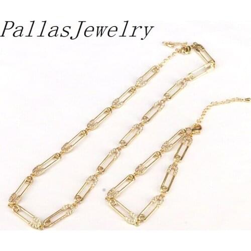 5Pcs unique women jewelry Gold filled micro pave cz safety pin link chain choker necklace&bracelet short neckalce