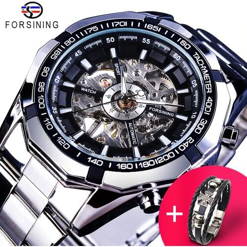 Forsining Watch + Bracelet Set Combination Silver Stainless Steel Mens Skeleton Transparent Mechanical Male Wrist Watches Clock