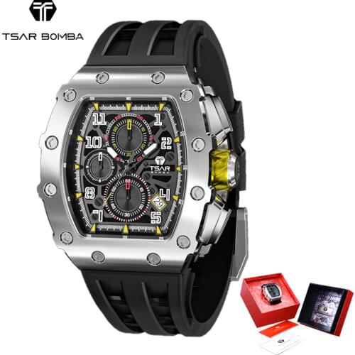 TSAR BOMBA Watch Men Luxury Brand Tonneau Design 100M Waterproof 316L Stainless Steel Wristwatch Sport Chronograph Stylish Gift