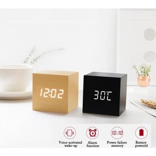 2021 Wooden LED Alarm Clock Despertador Temperature Sounds Control LED Display Electronic Desktop Digital Table Clocks