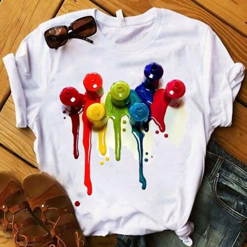 FIXSYS Women T Shirt Graphic 3D Finger Nail Paint Color Fashion Cute Printed Cotton Tops Tshirt Female Tee Shirt Ladies Clothes