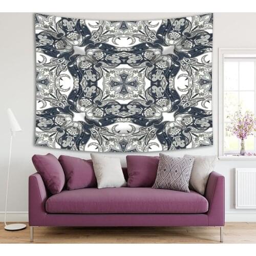 Tapestry Paisley Pattern Classic Oriental Architectural Elements Decorative Monochromic Art Dark Blue Gray White