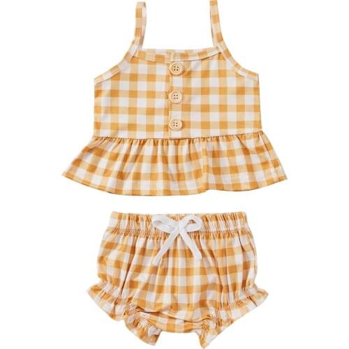 0-24Months Infant Baby Girls Outfits Summer Kids Plaids 2Pieces Straps Ruffles Vest+Bow Shorts Cute Toddler Girl Sets
