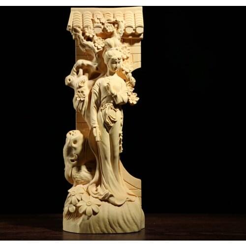 Boxwood 21cm Beauty Sculpture Wood Carving Chinese Traditional Girl Figure Statue Home Decor