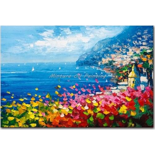 Mintura Wall Picture for Living Room Oil Paintings on Canvas Hand Painted Beautiful City by The Sea Home Decor Wall Art No Frame