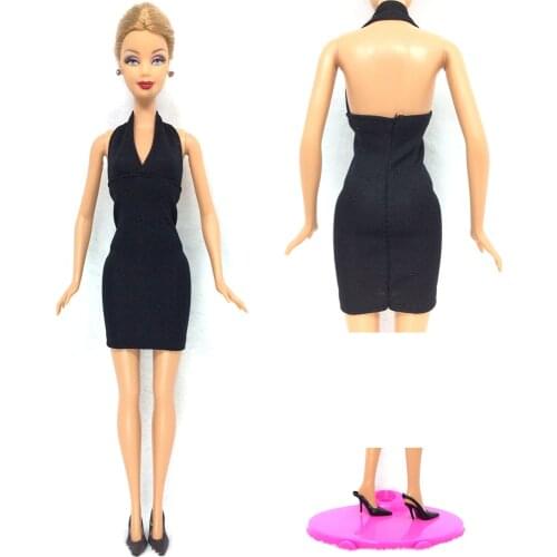 NK One Set Princess Doll Handmade Colthes Fashion Dress Lady Black Cool Outfit +One Pair Black Heels For Barbie Accessories Doll