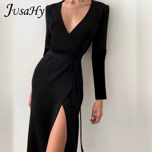 JuSaHy Elegant Solid Black Maxi Dress for Women Fashion Deep V-Neck Long Sleeves High Side Slit Slim Dress Party High Streetwear