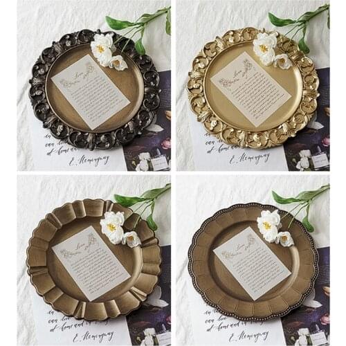 Retro Round Tea Pot Cake Storage Tray Gold Decorative Ottoman Coffee Tea Serving Tray Round Centerpiece Vintage