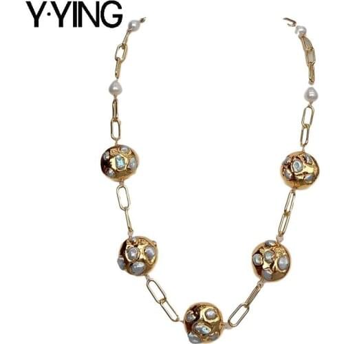 Y.YING natural Cultured White Keshi Pearl Bezel Set Gold color Plated sweater Chain Statetion Necklace 25"