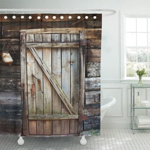 Brown Barn Old Decayed Wooden Door Gray Wood Antique Shower Curtain Waterproof Polyester Fabric 60 x 72 Inches Set with Hooks