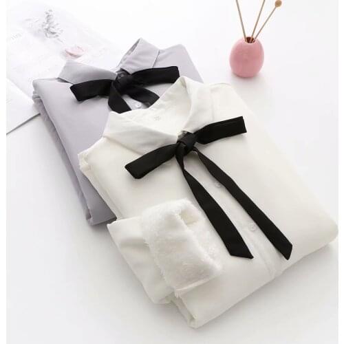 Spring new style Japanese college style black bow tie long-sleeved shirt Han Fan Chiffon white shirt women
