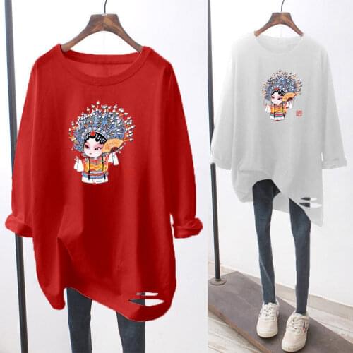 Spring 2021 New Korean Version Loose Cartoon Printing Long-sleeved Hole Round Neck T-shirt Women Vintage Long Sleeve