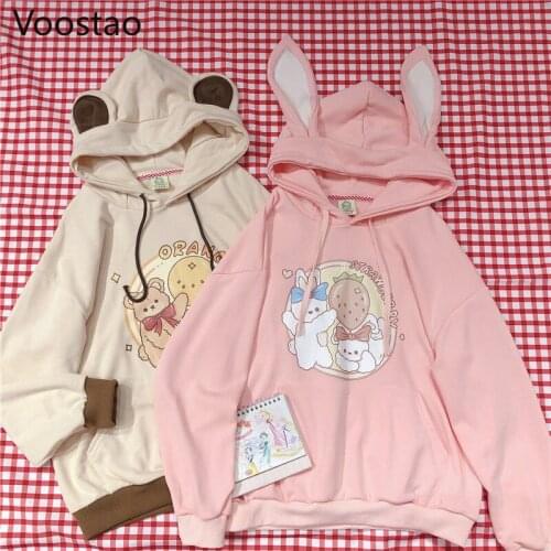 Japanese Style Sweet Kawaii Hoodies Women Cartoon Print Cute Loose Rabbit And Bear Ears Hooded Hoodie Girls Harajuku Sweatshirt
