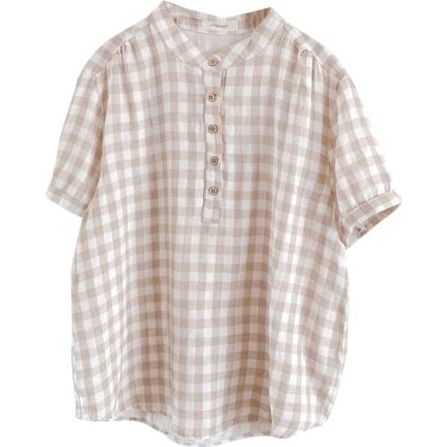 FairyNatural Women Sweet Pink Plaid Pullover Soft Cotton Short Ladies Stand Collar Shirt Tops Lantern Sleeve 2021 Summer