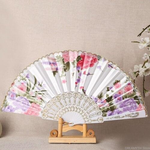 Womens folding fan with silk and small gilt edge dance, wedding gift, travel, plastic fan