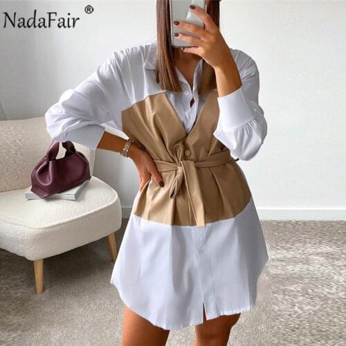 Nadafair Long Sleeve Mini Dress Women Tunic Bow Sash A-Line Wrap Shirt Leather Patchwork Casual Short 2021 Woman Dress