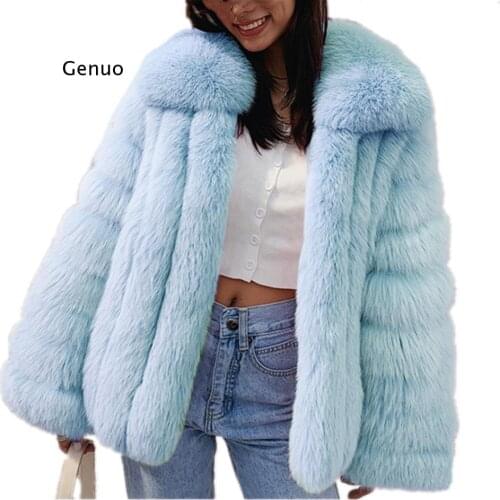 Women Fashion Luxury Long Sleeve Turn Collar Faux Fur Coat Autumn Winter Warm Fur Coat Jacket Overcoat Woman Warm Fake Fur Coat
