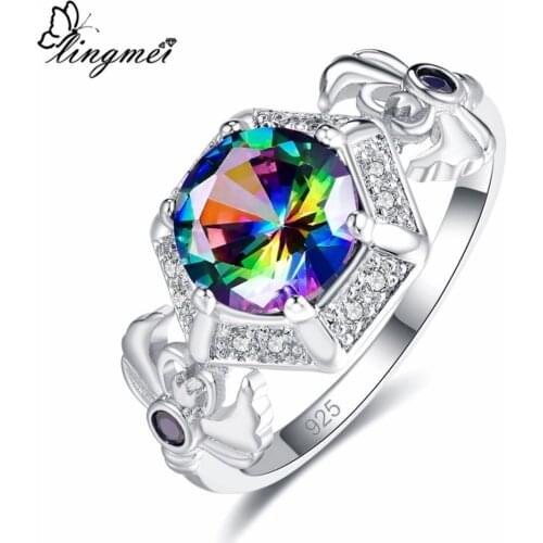 Lingmei Wholesale New Arrivals Cocktail Fire Rainbow & White Cubic Zircon Silver Color Ring Size 6-9 For Women Free Shipping