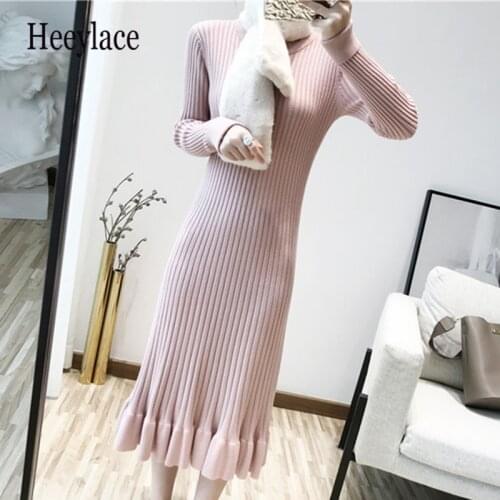 Autumn Winter Warm Knitted Womens Mermaid Dresses 2021 New Pink High Waist Long Sleeve O-Neck Chic Sweater Dress Female