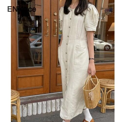 Women Vintage Cotton Linen Mid-length Dress Summer Korean Style Elegant Short Sleeve Skirt Office Ladies Loose Workwear Dresses
