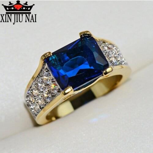 18K golden Fashion Square Sapphire lady Ring with Transparent Crystal Recreational Sports Jewelry Luxury Ring for Men and Women