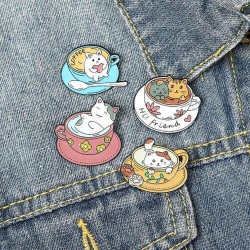 1 Piece Cute Enamel COFFEE Cup Cat Rabbit Pin Brooches For Shirt Lapel Bag Childhood Badge Cartoon Jewelry Gift For Kid Friend