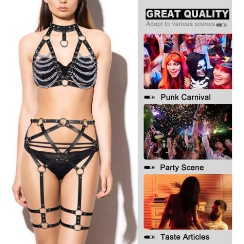 Black Body Bondgae Suspender Erotic Lingerie Bdsm Accessories Leather Harness Binding Chest Chain Cage Bra Fetish Garter Belt