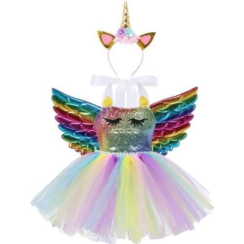 Kids Girls Halter Shiny Sequins Cartoon Mesh Tutu Dress with Hair Hoop Angel Wing Outfit Cosplay Birthday Party Princess Costume