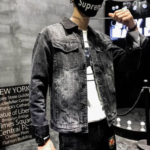 Men Denim Jackets Streetwear Slim Black Jacket for Men New 2020 Punk Style Novel Wolf Embroidered Rivet Jean Jacket
