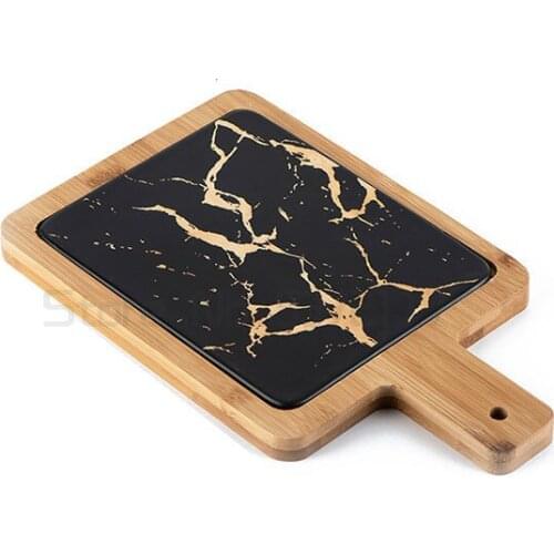Imitation Marble Ceramic Steak Dish with Wooden Tray Breakfast Plates Dessert Tray Serving Platter Decoration Tableware Set